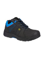 Black and blue Portwest FD27 Compositelite Action Nubuck Safety Shoe with padded collar, scuff cap, and slip-resistant sole.
