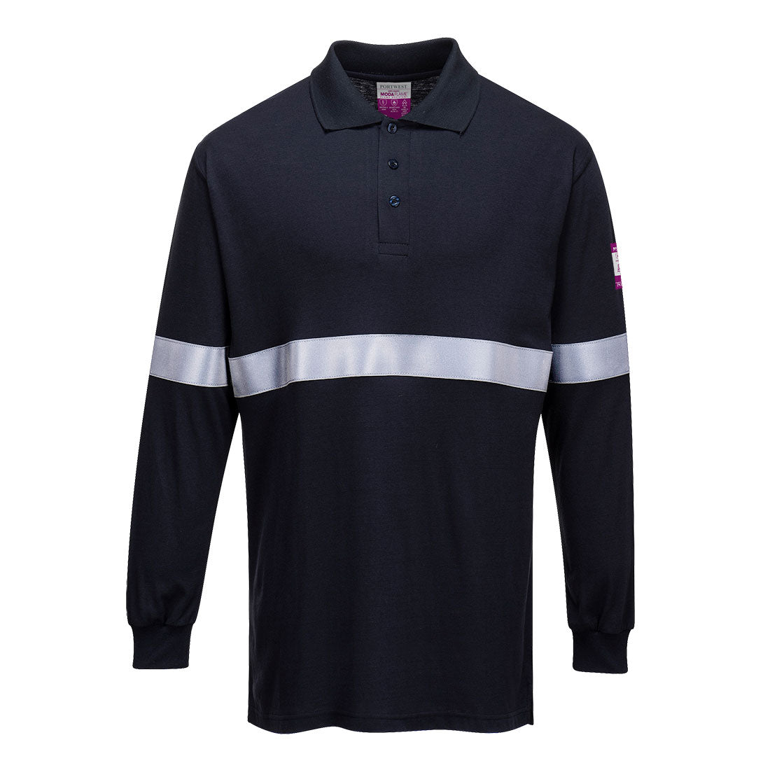 FR03 Flame Resistant Anti-Static Long Sleeve Polo Shirt with Reflective Tape - Navy