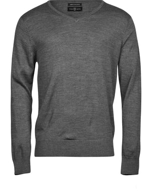 Men's V Neck Knitted Sweater - Grey Melange